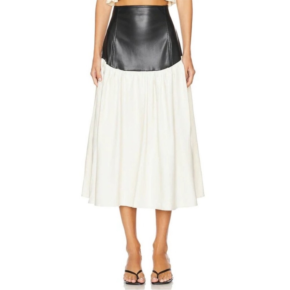 WeWoreWhat Black Vegan Leather and Linen Midi Skirt